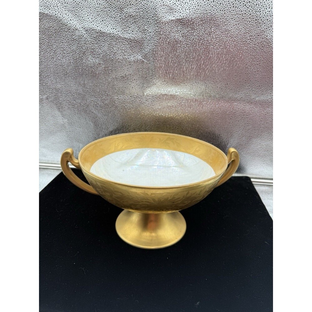 Vintage Gold Etched Glass Compote Bowl Iridescent Interior Pedestal Centerpiece